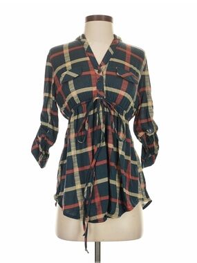 Eden & Olivia Plaid Drawstring Empire Tunic - Green Red Cream